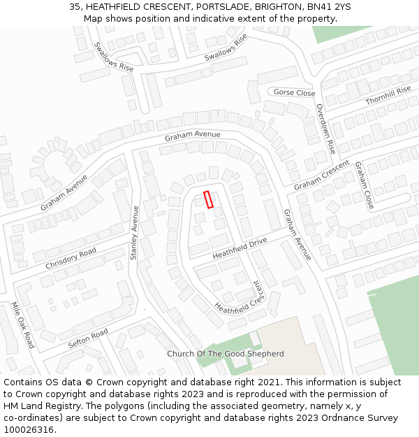 35, HEATHFIELD CRESCENT, PORTSLADE, BRIGHTON, BN41 2YS: Location map and indicative extent of plot