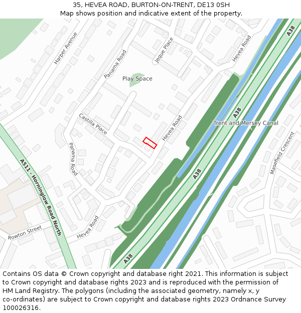 35, HEVEA ROAD, BURTON-ON-TRENT, DE13 0SH: Location map and indicative extent of plot