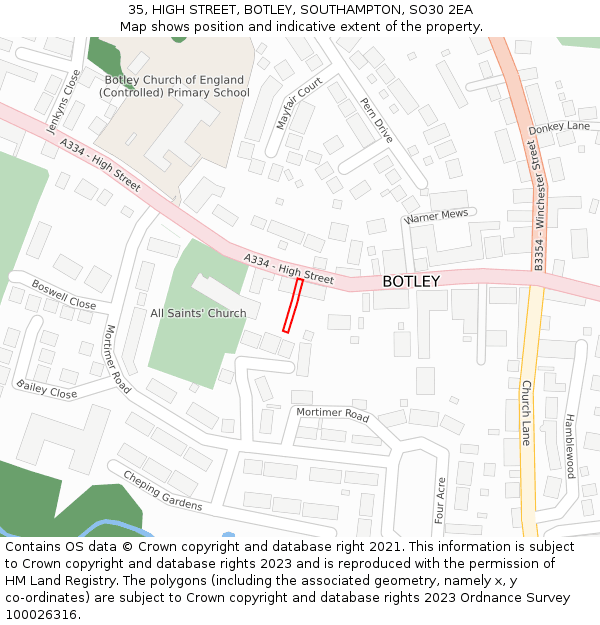 35, HIGH STREET, BOTLEY, SOUTHAMPTON, SO30 2EA: Location map and indicative extent of plot