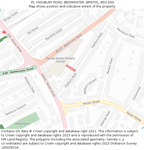 35, HIGHBURY ROAD, BEDMINSTER, BRISTOL, BS3 5NS: Location map and indicative extent of plot