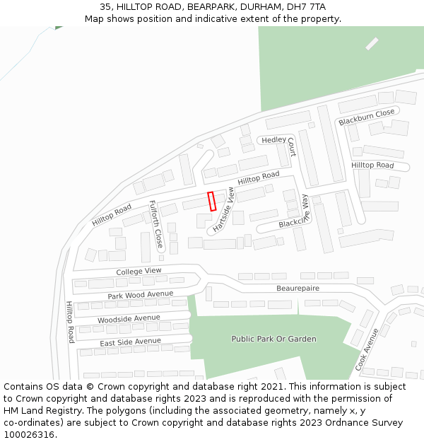 35, HILLTOP ROAD, BEARPARK, DURHAM, DH7 7TA: Location map and indicative extent of plot