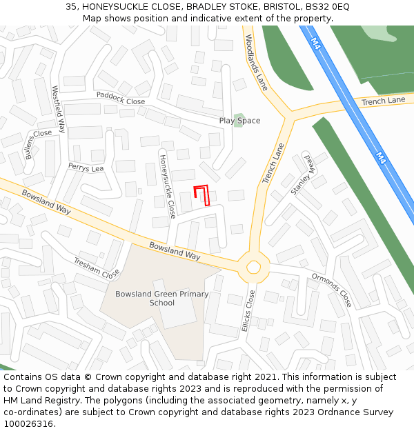35, HONEYSUCKLE CLOSE, BRADLEY STOKE, BRISTOL, BS32 0EQ: Location map and indicative extent of plot