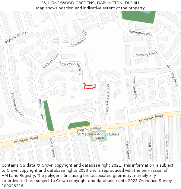 35, HONEYWOOD GARDENS, DARLINGTON, DL3 0LL: Location map and indicative extent of plot