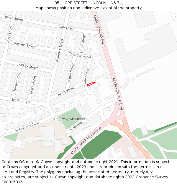 35, HOPE STREET, LINCOLN, LN5 7UJ: Location map and indicative extent of plot