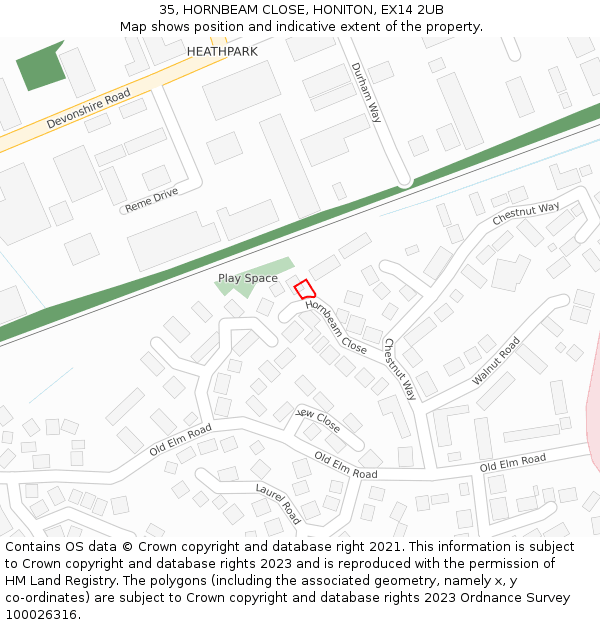 35, HORNBEAM CLOSE, HONITON, EX14 2UB: Location map and indicative extent of plot