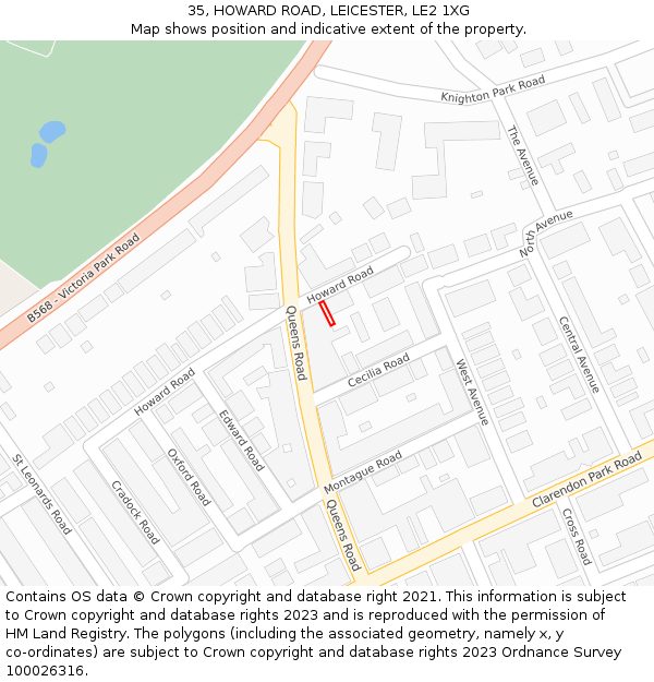 35, HOWARD ROAD, LEICESTER, LE2 1XG: Location map and indicative extent of plot