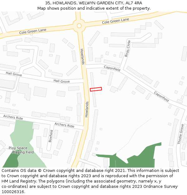 35, HOWLANDS, WELWYN GARDEN CITY, AL7 4RA: Location map and indicative extent of plot