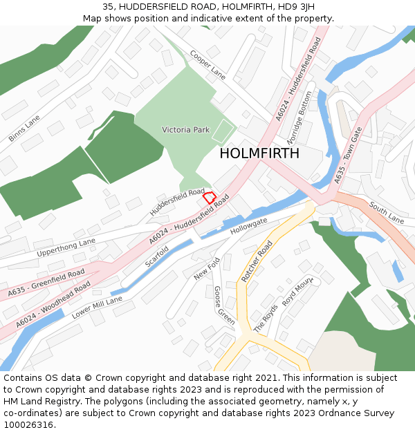 35, HUDDERSFIELD ROAD, HOLMFIRTH, HD9 3JH: Location map and indicative extent of plot