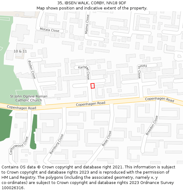 35, IBSEN WALK, CORBY, NN18 9DF: Location map and indicative extent of plot