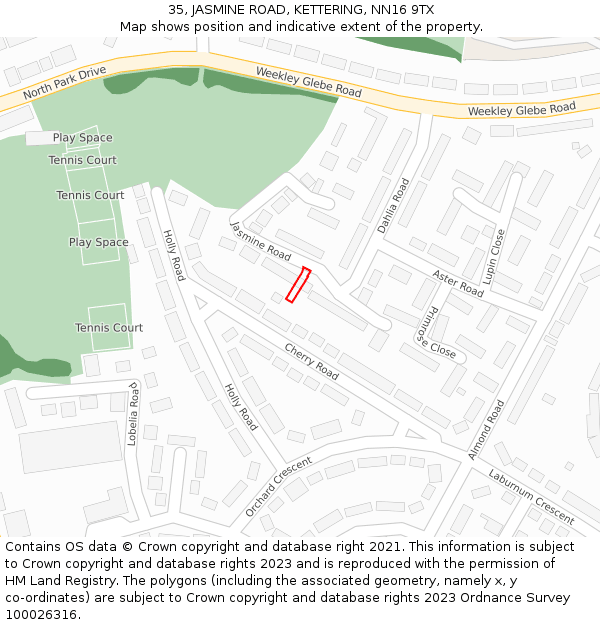 35, JASMINE ROAD, KETTERING, NN16 9TX: Location map and indicative extent of plot