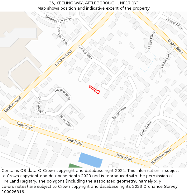35, KEELING WAY, ATTLEBOROUGH, NR17 1YF: Location map and indicative extent of plot