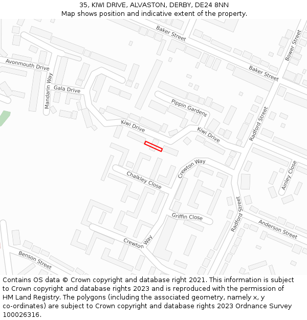 35, KIWI DRIVE, ALVASTON, DERBY, DE24 8NN: Location map and indicative extent of plot