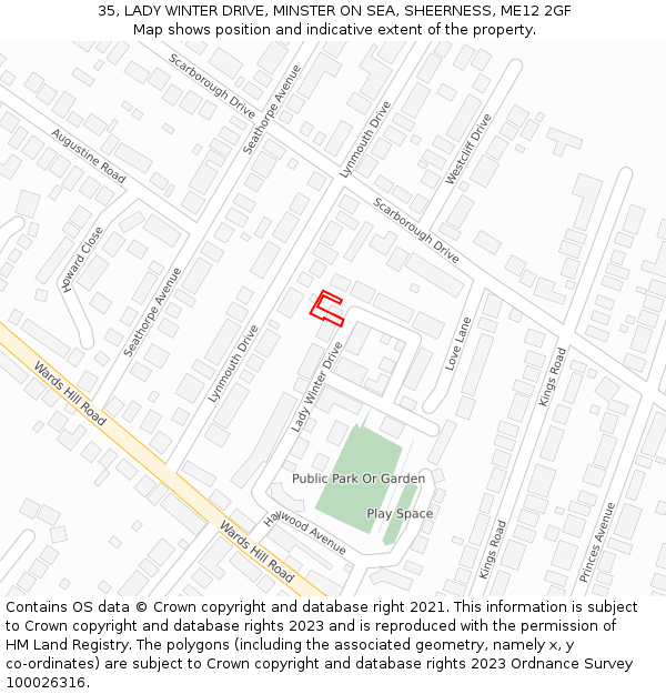 35, LADY WINTER DRIVE, MINSTER ON SEA, SHEERNESS, ME12 2GF: Location map and indicative extent of plot