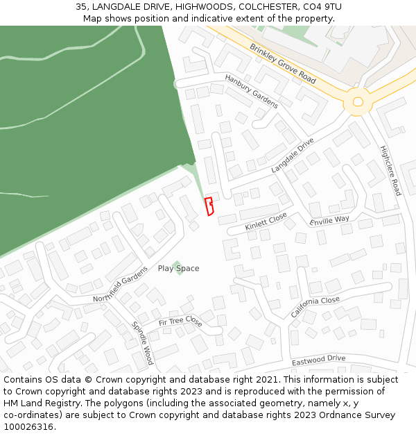 35, LANGDALE DRIVE, HIGHWOODS, COLCHESTER, CO4 9TU: Location map and indicative extent of plot