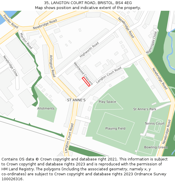 35, LANGTON COURT ROAD, BRISTOL, BS4 4EG: Location map and indicative extent of plot