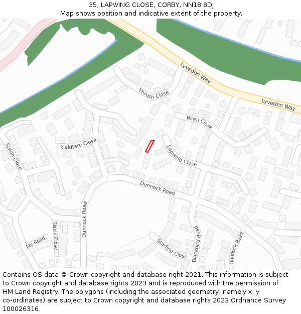 35, LAPWING CLOSE, CORBY, NN18 8DJ: Location map and indicative extent of plot