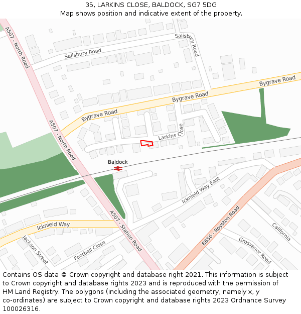 35, LARKINS CLOSE, BALDOCK, SG7 5DG: Location map and indicative extent of plot