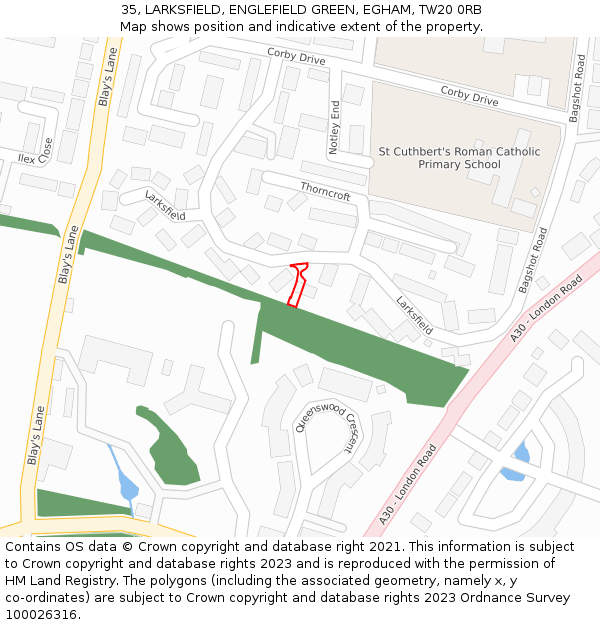 35, LARKSFIELD, ENGLEFIELD GREEN, EGHAM, TW20 0RB: Location map and indicative extent of plot
