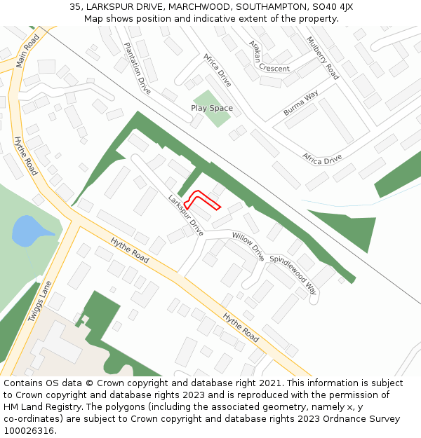 35, LARKSPUR DRIVE, MARCHWOOD, SOUTHAMPTON, SO40 4JX: Location map and indicative extent of plot