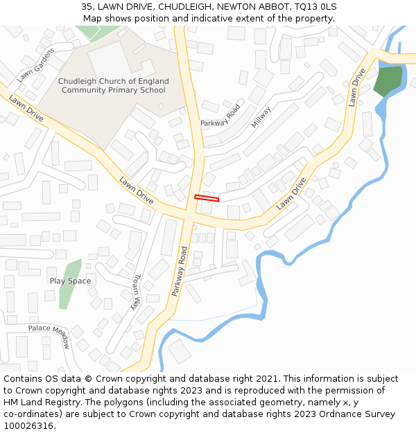 35, LAWN DRIVE, CHUDLEIGH, NEWTON ABBOT, TQ13 0LS: Location map and indicative extent of plot
