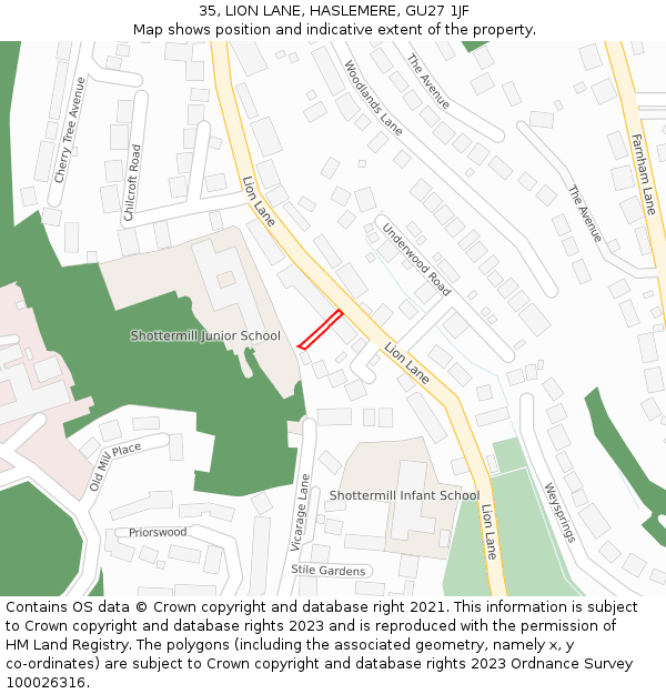 35, LION LANE, HASLEMERE, GU27 1JF: Location map and indicative extent of plot