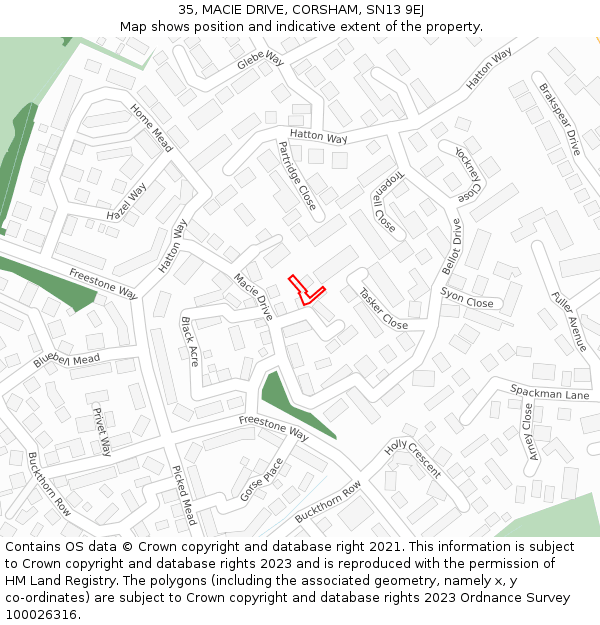 35, MACIE DRIVE, CORSHAM, SN13 9EJ: Location map and indicative extent of plot