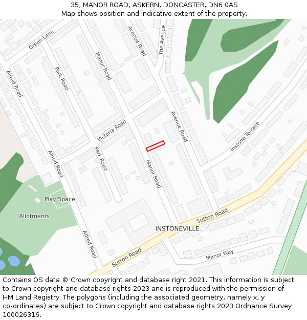 35, MANOR ROAD, ASKERN, DONCASTER, DN6 0AS: Location map and indicative extent of plot