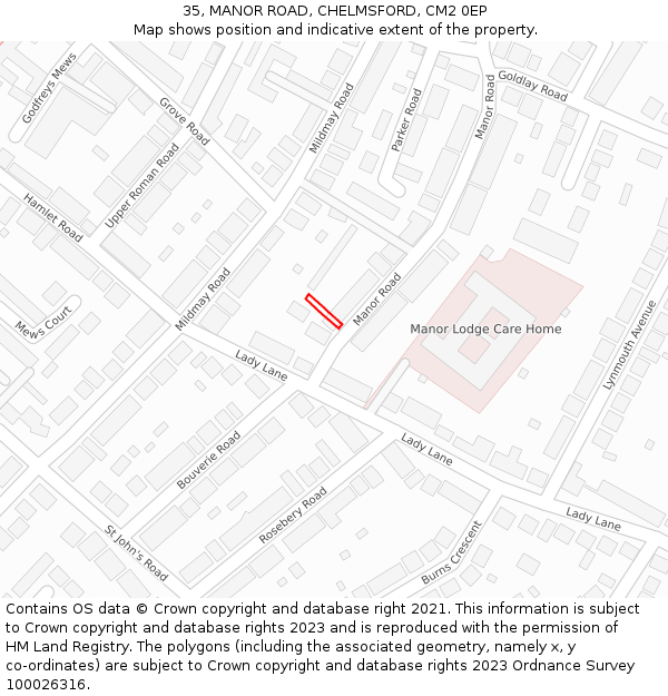 35, MANOR ROAD, CHELMSFORD, CM2 0EP: Location map and indicative extent of plot