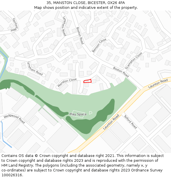 35, MANSTON CLOSE, BICESTER, OX26 4FA: Location map and indicative extent of plot