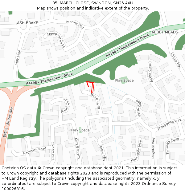 35, MARCH CLOSE, SWINDON, SN25 4XU: Location map and indicative extent of plot