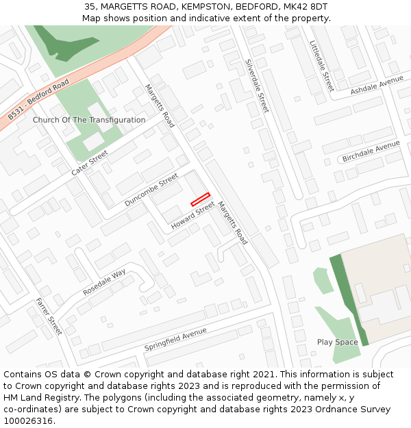 35, MARGETTS ROAD, KEMPSTON, BEDFORD, MK42 8DT: Location map and indicative extent of plot