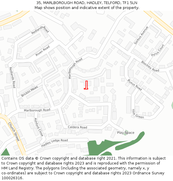 35, MARLBOROUGH ROAD, HADLEY, TELFORD, TF1 5LN: Location map and indicative extent of plot