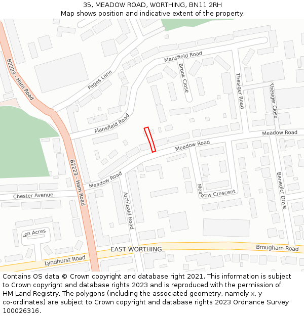 35, MEADOW ROAD, WORTHING, BN11 2RH: Location map and indicative extent of plot