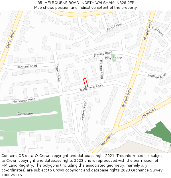 35, MELBOURNE ROAD, NORTH WALSHAM, NR28 9EP: Location map and indicative extent of plot