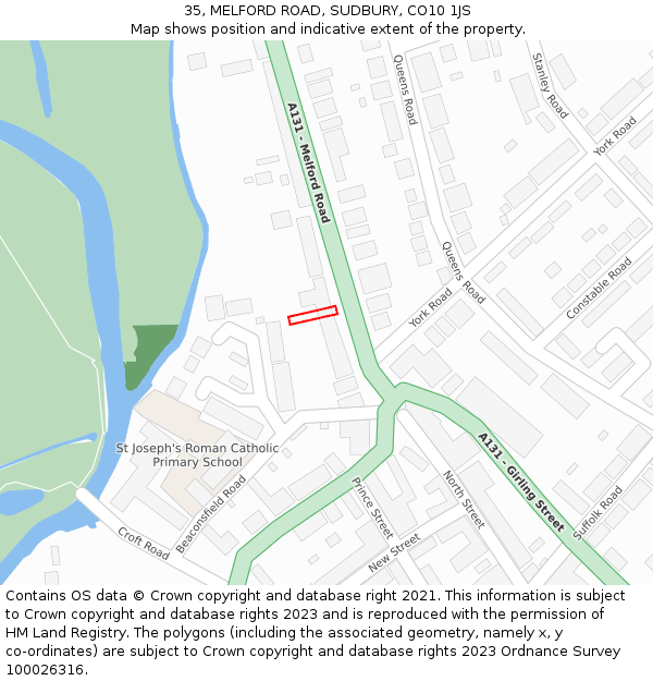 35, MELFORD ROAD, SUDBURY, CO10 1JS: Location map and indicative extent of plot