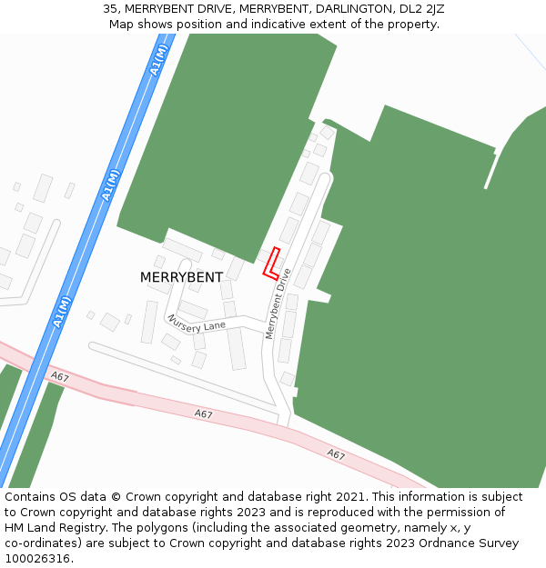 35, MERRYBENT DRIVE, MERRYBENT, DARLINGTON, DL2 2JZ: Location map and indicative extent of plot