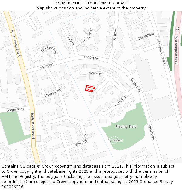35, MERRYFIELD, FAREHAM, PO14 4SF: Location map and indicative extent of plot