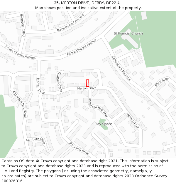 35, MERTON DRIVE, DERBY, DE22 4JL: Location map and indicative extent of plot