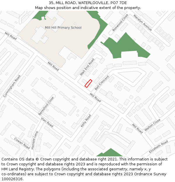35, MILL ROAD, WATERLOOVILLE, PO7 7DE: Location map and indicative extent of plot