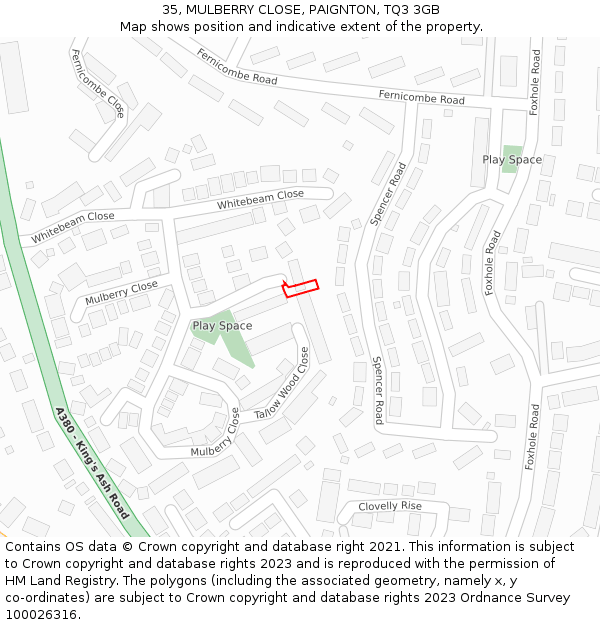 35, MULBERRY CLOSE, PAIGNTON, TQ3 3GB: Location map and indicative extent of plot