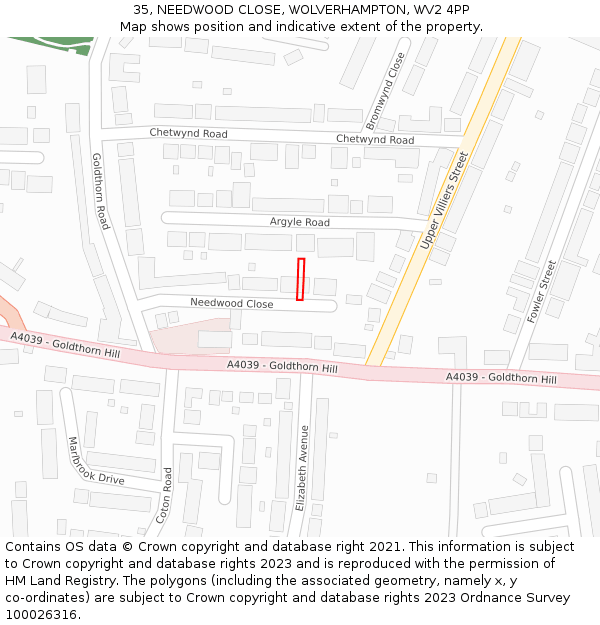 35, NEEDWOOD CLOSE, WOLVERHAMPTON, WV2 4PP: Location map and indicative extent of plot