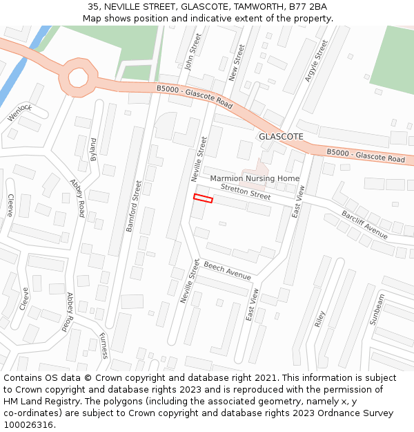 35, NEVILLE STREET, GLASCOTE, TAMWORTH, B77 2BA: Location map and indicative extent of plot
