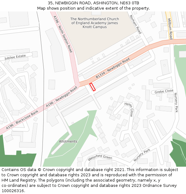 35, NEWBIGGIN ROAD, ASHINGTON, NE63 0TB: Location map and indicative extent of plot