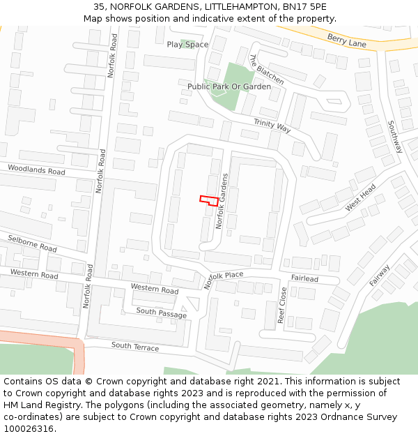 35, NORFOLK GARDENS, LITTLEHAMPTON, BN17 5PE: Location map and indicative extent of plot