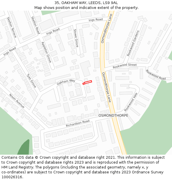 35, OAKHAM WAY, LEEDS, LS9 9AL: Location map and indicative extent of plot