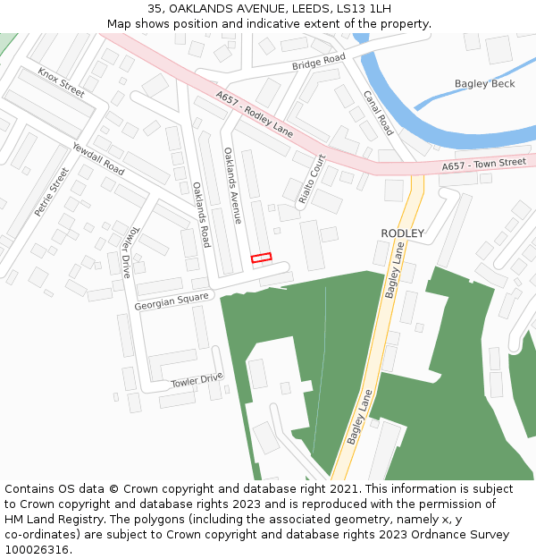 35, OAKLANDS AVENUE, LEEDS, LS13 1LH: Location map and indicative extent of plot