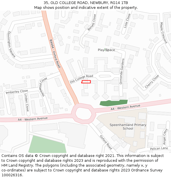 35, OLD COLLEGE ROAD, NEWBURY, RG14 1TB: Location map and indicative extent of plot