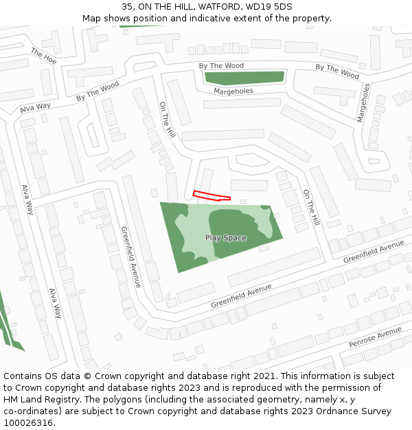 35, ON THE HILL, WATFORD, WD19 5DS: Location map and indicative extent of plot