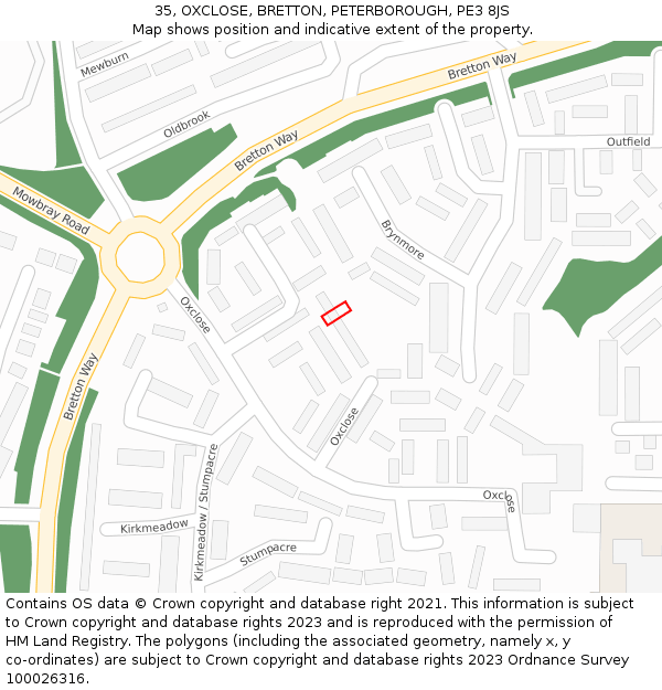 35, OXCLOSE, BRETTON, PETERBOROUGH, PE3 8JS: Location map and indicative extent of plot