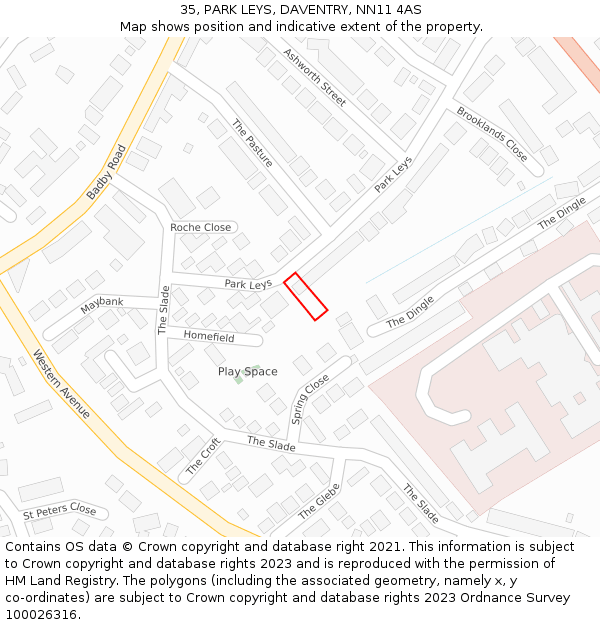 35, PARK LEYS, DAVENTRY, NN11 4AS: Location map and indicative extent of plot